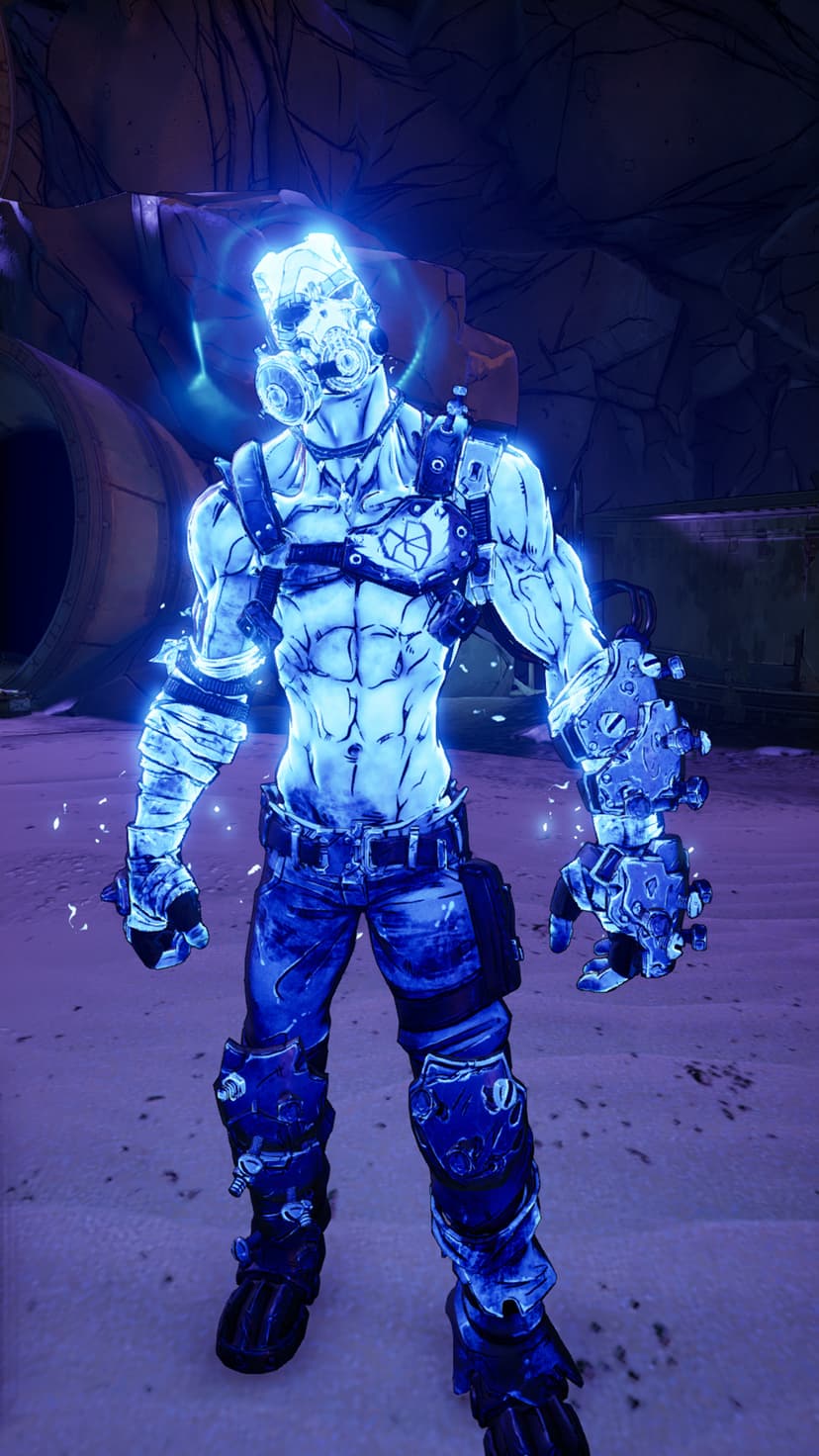 Glowing blue Borderlands Psycho character in a dark cave with cel-shaded outlines and industrial background elements.