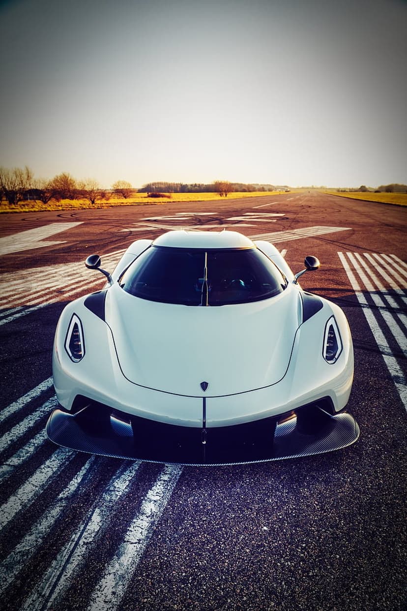 White Koenigsegg Jesko hypercar parked on a racetrack at sunset with trees and golden sky in the background.