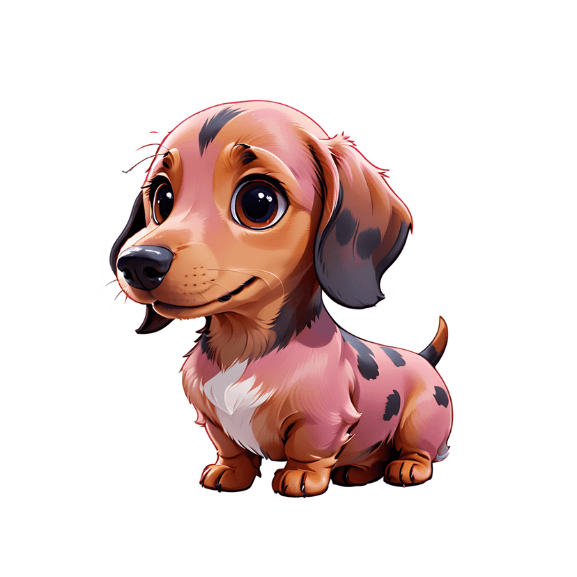 Dachshund puppy sticker illustration sitting in a front view with pink and brown spotted fur and white outlines.