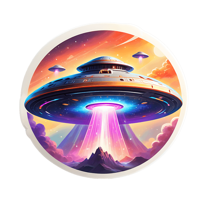 UFO sticker emitting pink light beams over purple mountains under a starry orange sky with white borders.