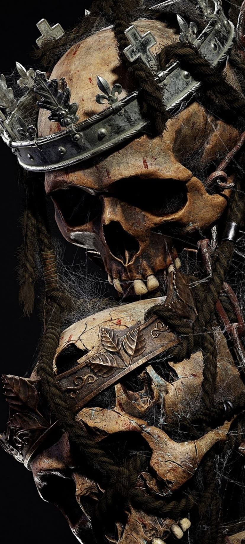 Skeletal king with a rusted crown and heavy chains, featuring deep shadows and weathered textures in close-up.