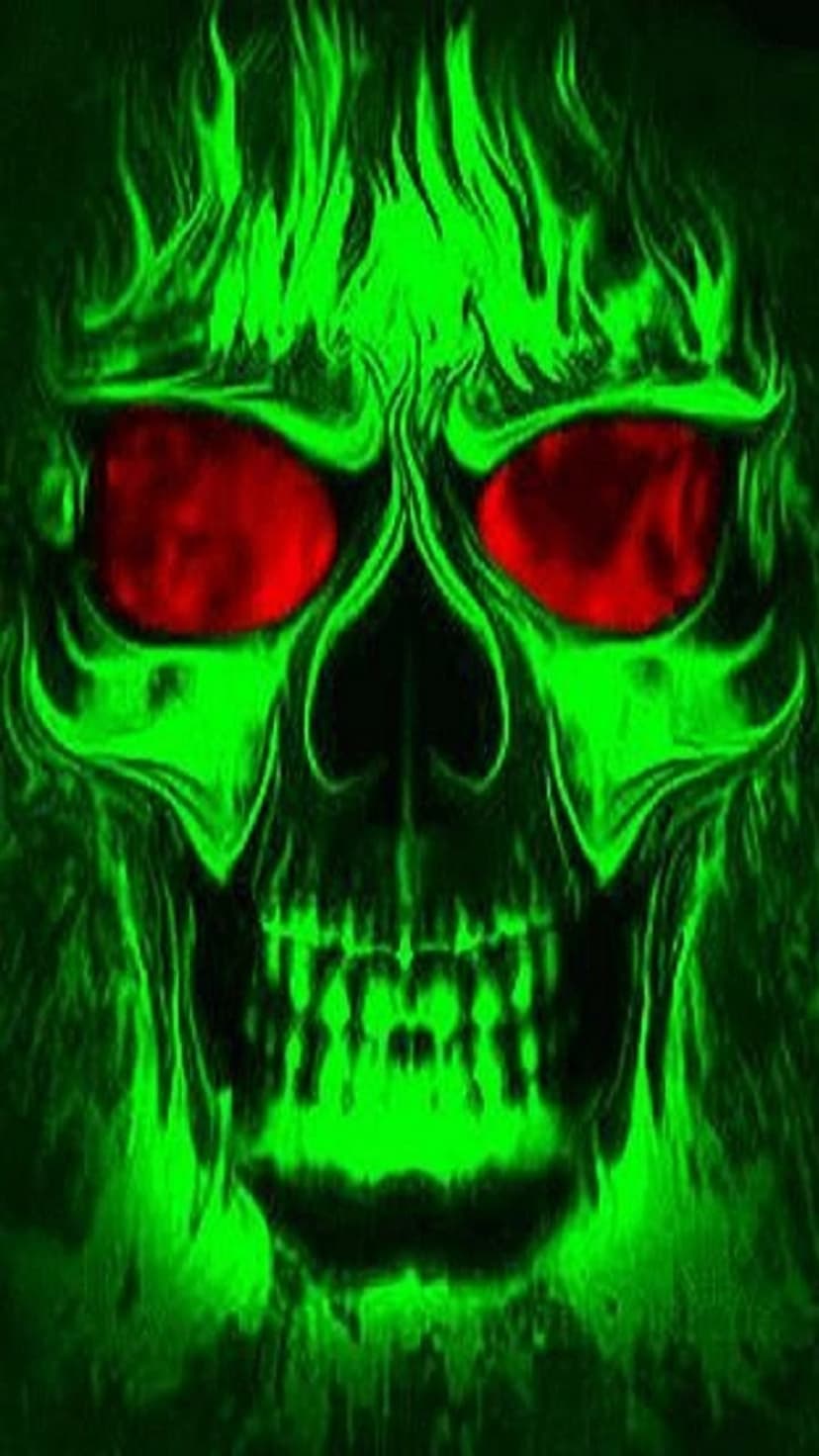 Vibrant green skull with glowing red eyes and wispy green flames rising from the cranium against a black background.