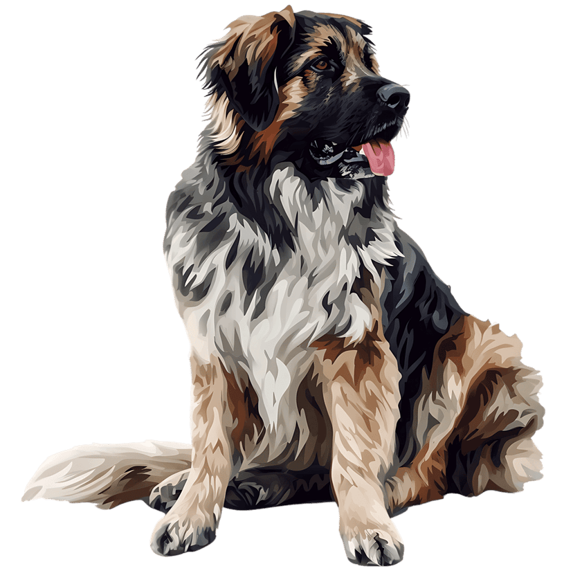 Leonberger dog portrait shows a seated canine with thick multicolored fur and tongue out against black.