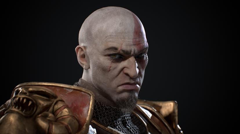 Kratos with a stern expression, red facial tattoo, and ornate bronze armor against a dark background.