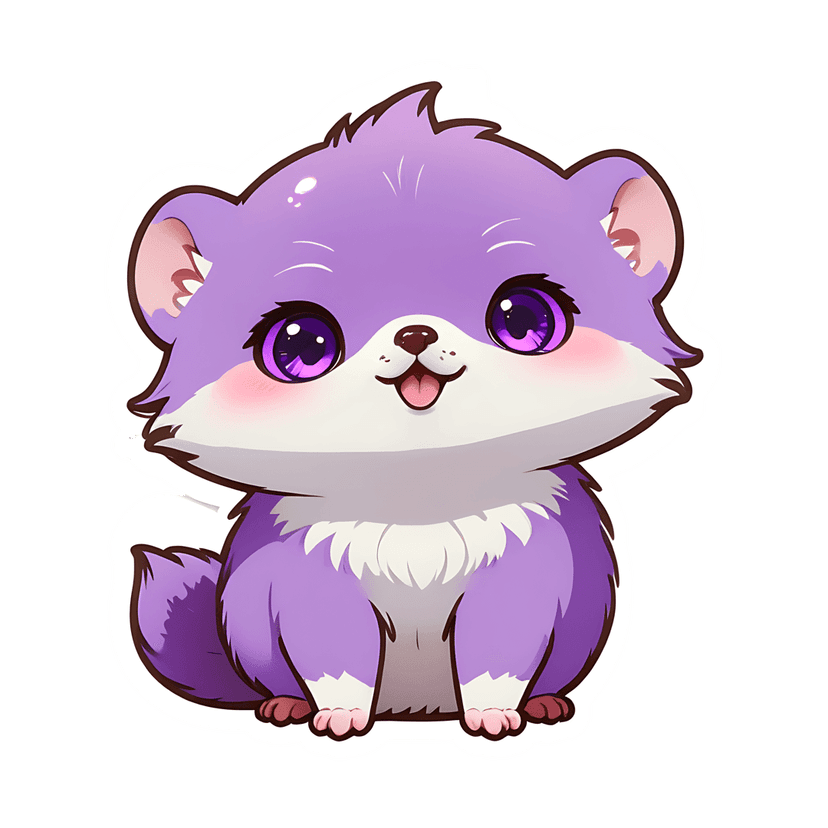 Lavender hamster sticker illustration shows a purple furry character with violet eyes and pink paws on white.