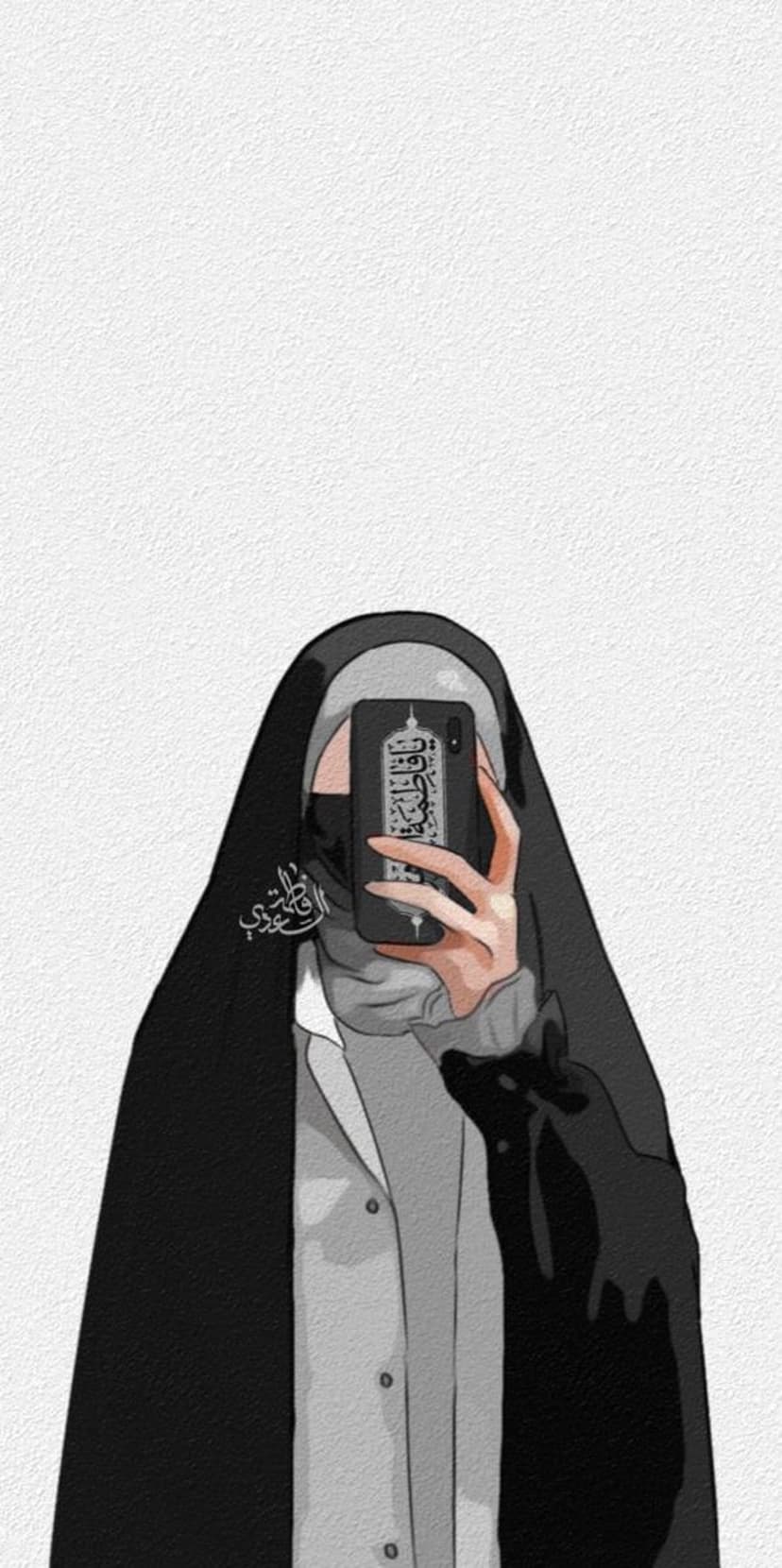 Woman in a black hijab holds a smartphone with Arabic text next to a black cat against a textured background.