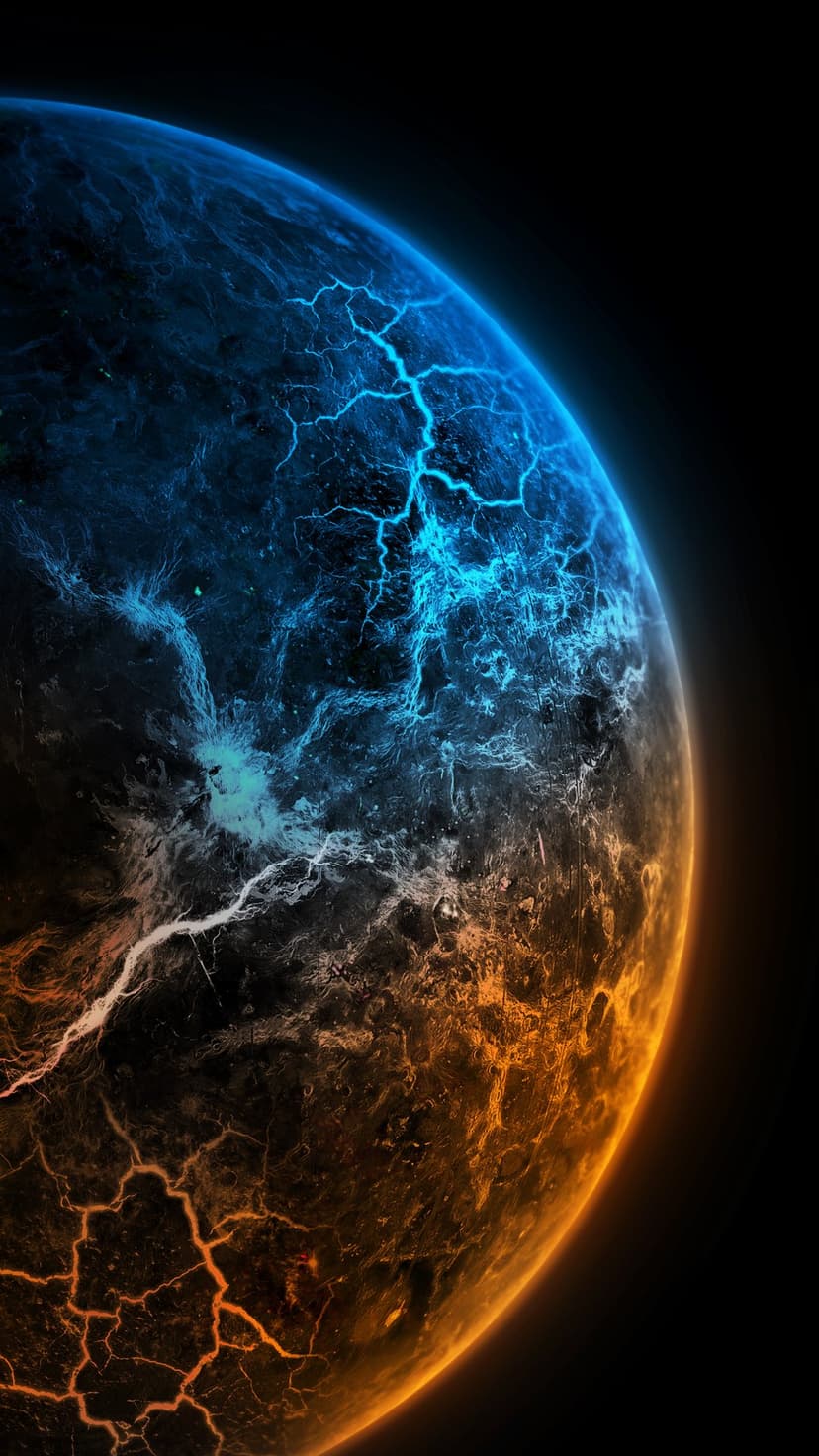 Fractured planet surface split between glowing orange lava streams and frozen blue ice under a dark void.