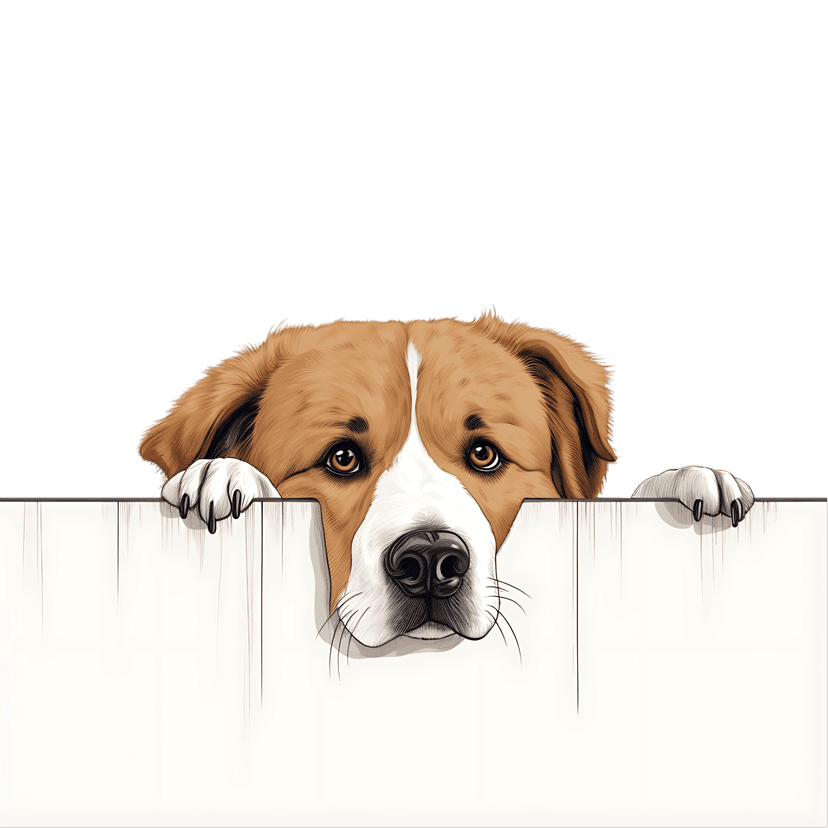 Brown white dog peeking over a white wooden fence showing front paws and detailed fur in illustrative style.