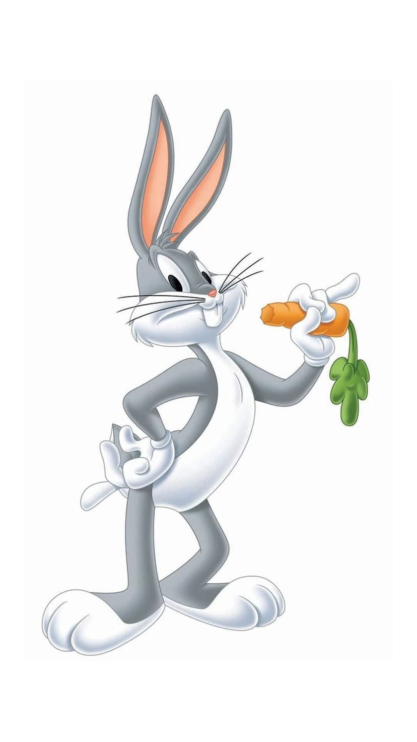 Bugs Bunny stands upright while holding a bright orange carrot against a simple background for mobile displays.