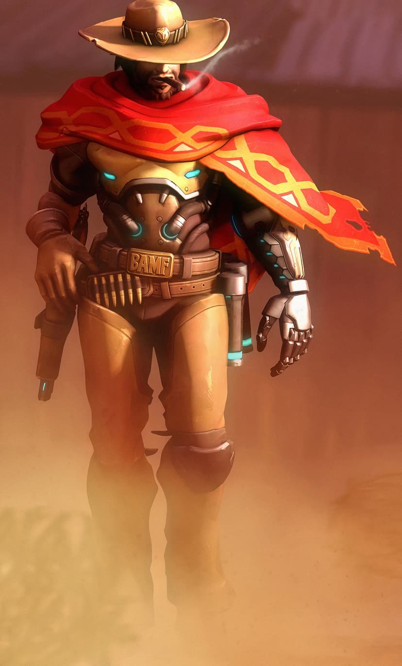 Cole Cassidy wearing a red poncho and cowboy hat with a mechanical arm in a dusty orange environment.
