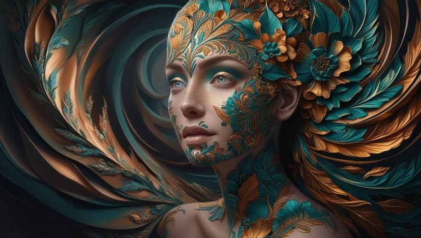 Woman with blue eyes and gold filigree on her face wears a large teal feathered headdress in a dark swirl.