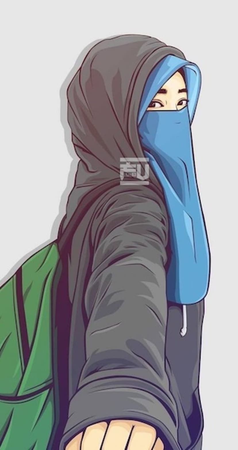 Muslim woman in a black hijab, blue niqab, and green backpack stands against a minimalist light gray background.
