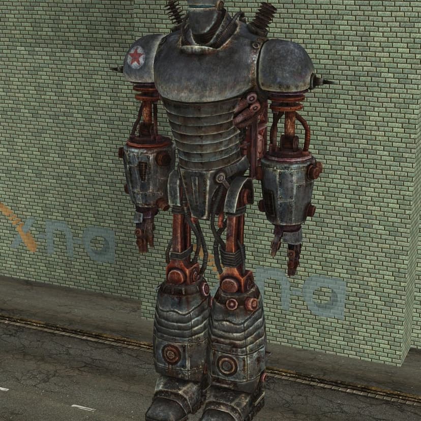 Giant rusty metallic robot with a red star shoulder emblem standing against a light green brick wall.