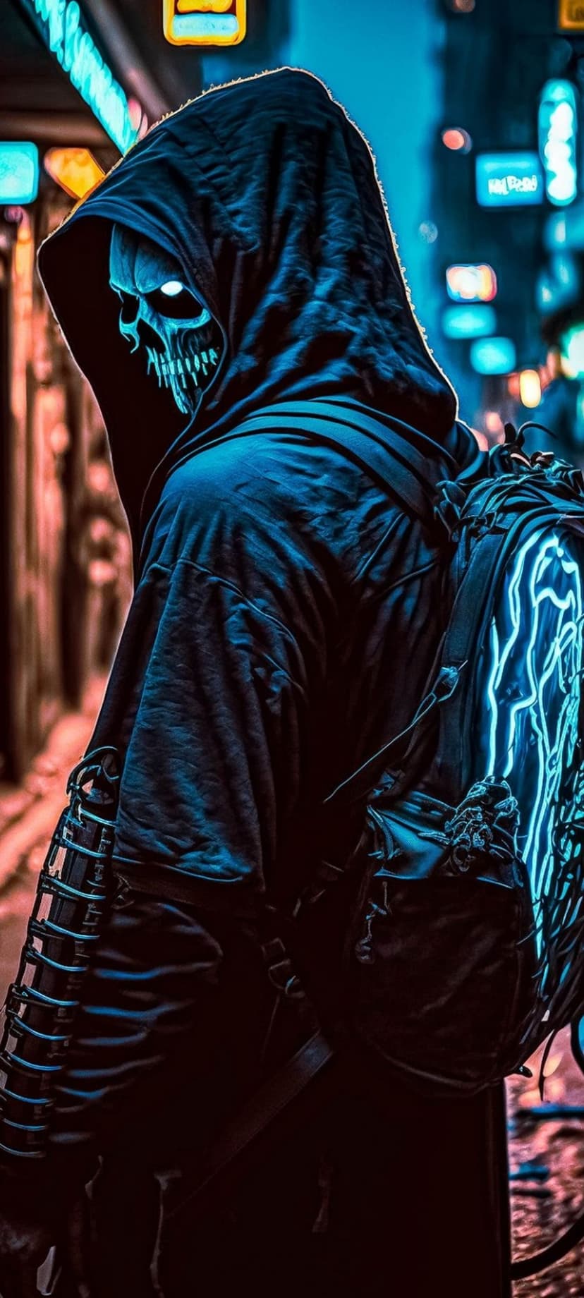 Hooded skeletal figure wearing a glowing blue tech backpack stands in a dark neon-lit cyberpunk city street.