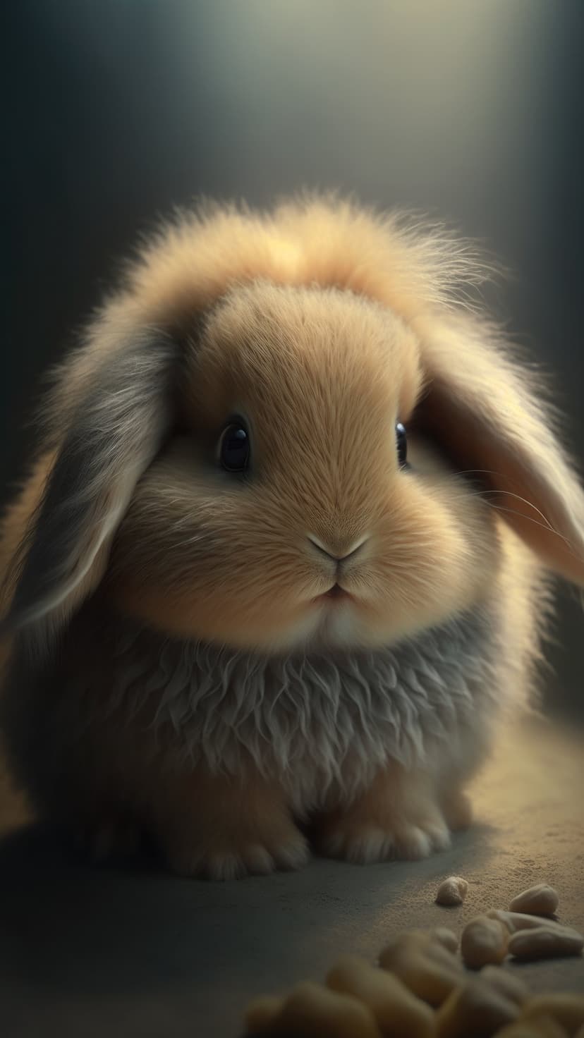 Brown lop-eared rabbit with large dark eyes sits near a small pile of treats against a dark bokeh backdrop.
