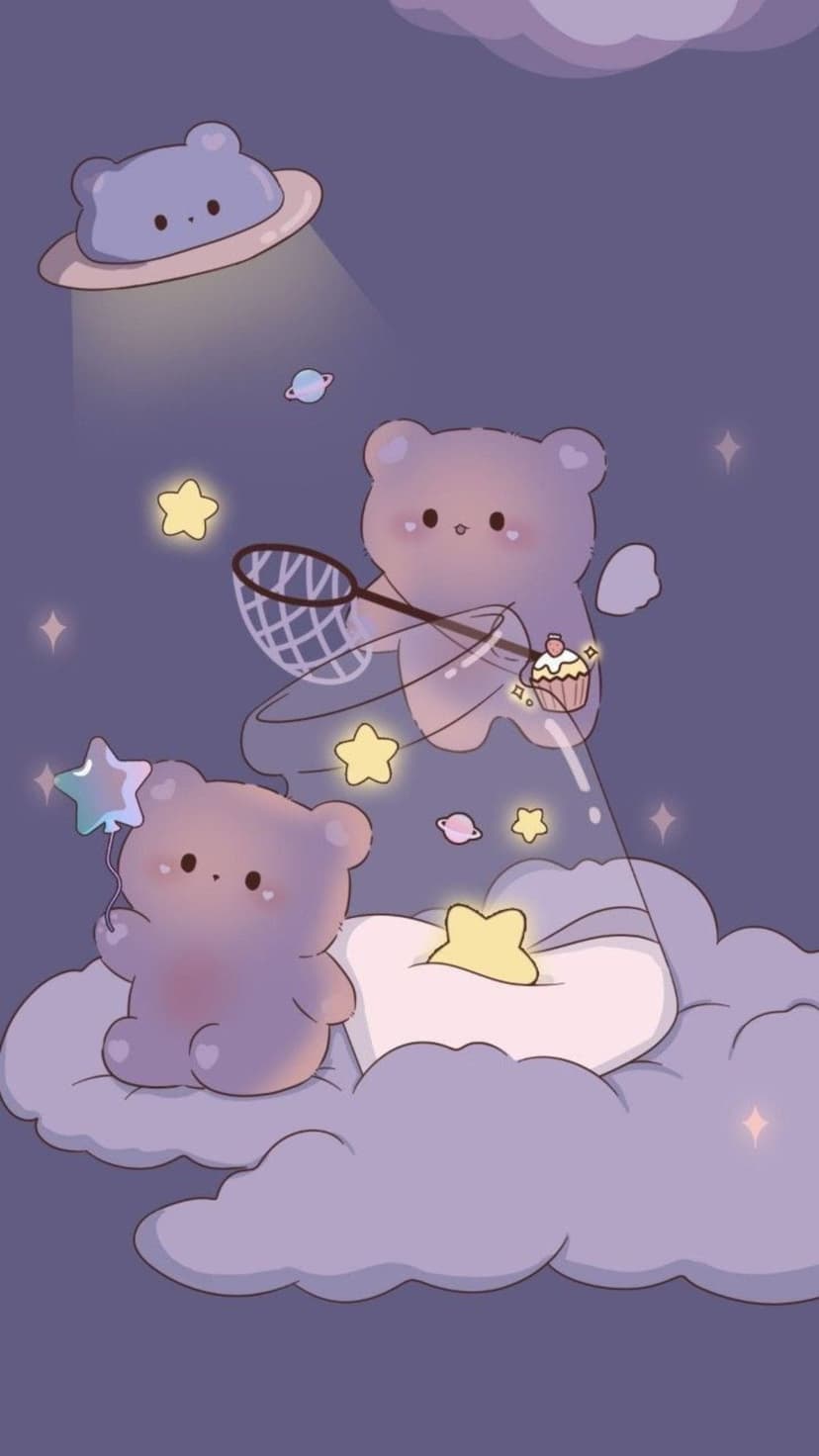 Two purple bears float in a starry galaxy near a UFO, holding a star balloon and a net over soft clouds.