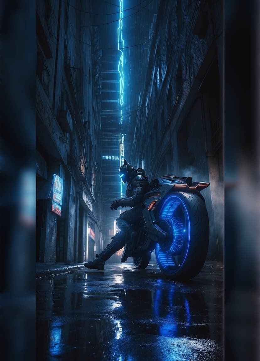 Armored hero on a motorcycle with blue glowing tires parked in a wet city alley under neon lights at night.