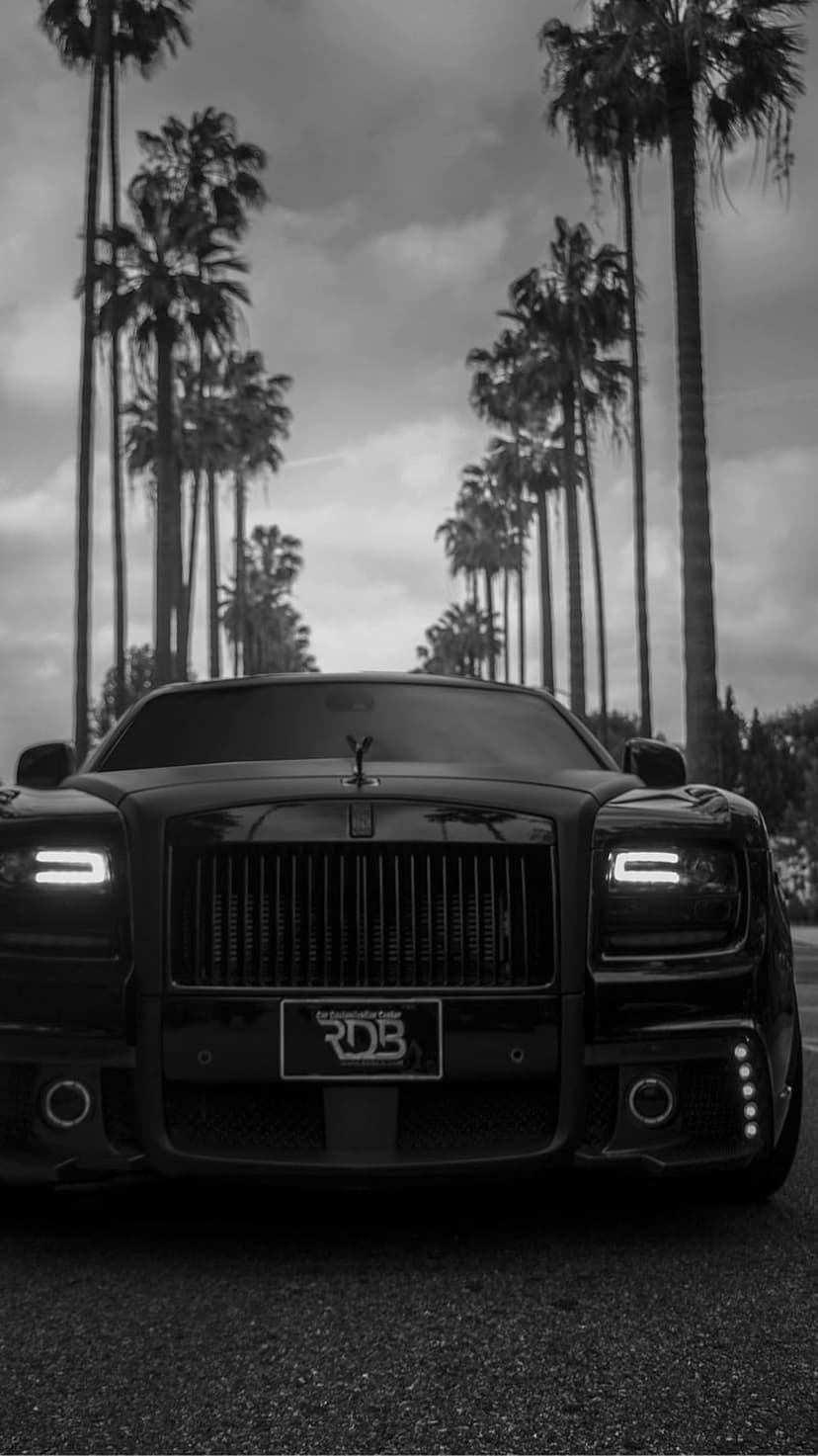 Rolls-Royce parked on an asphalt road framed by tall palm trees under a cloudy sky in black and white.