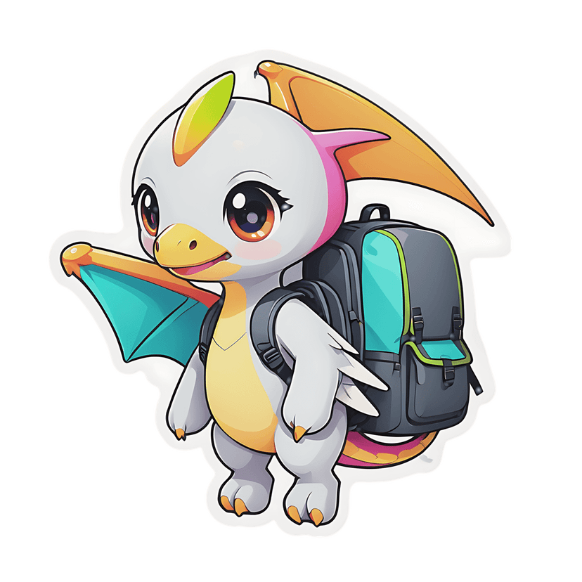 White dragon sticker wearing a dark gray backpack features teal wings and orange crest accents on white background.