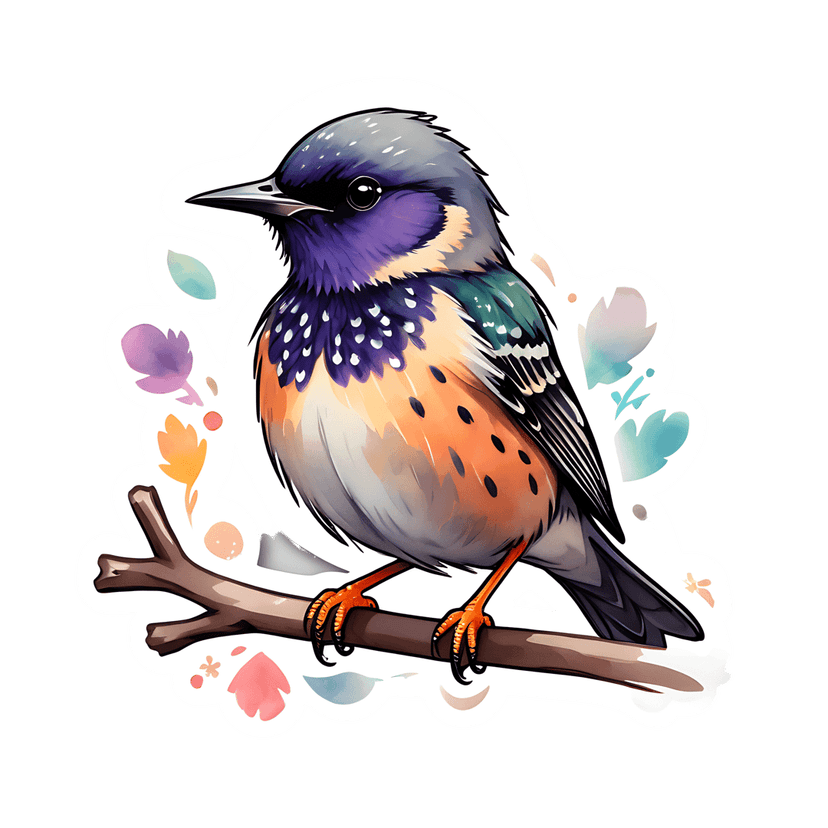 Songbird sticker watercolor illustration showing a profile view of a bird on a branch with purple orange feathers.