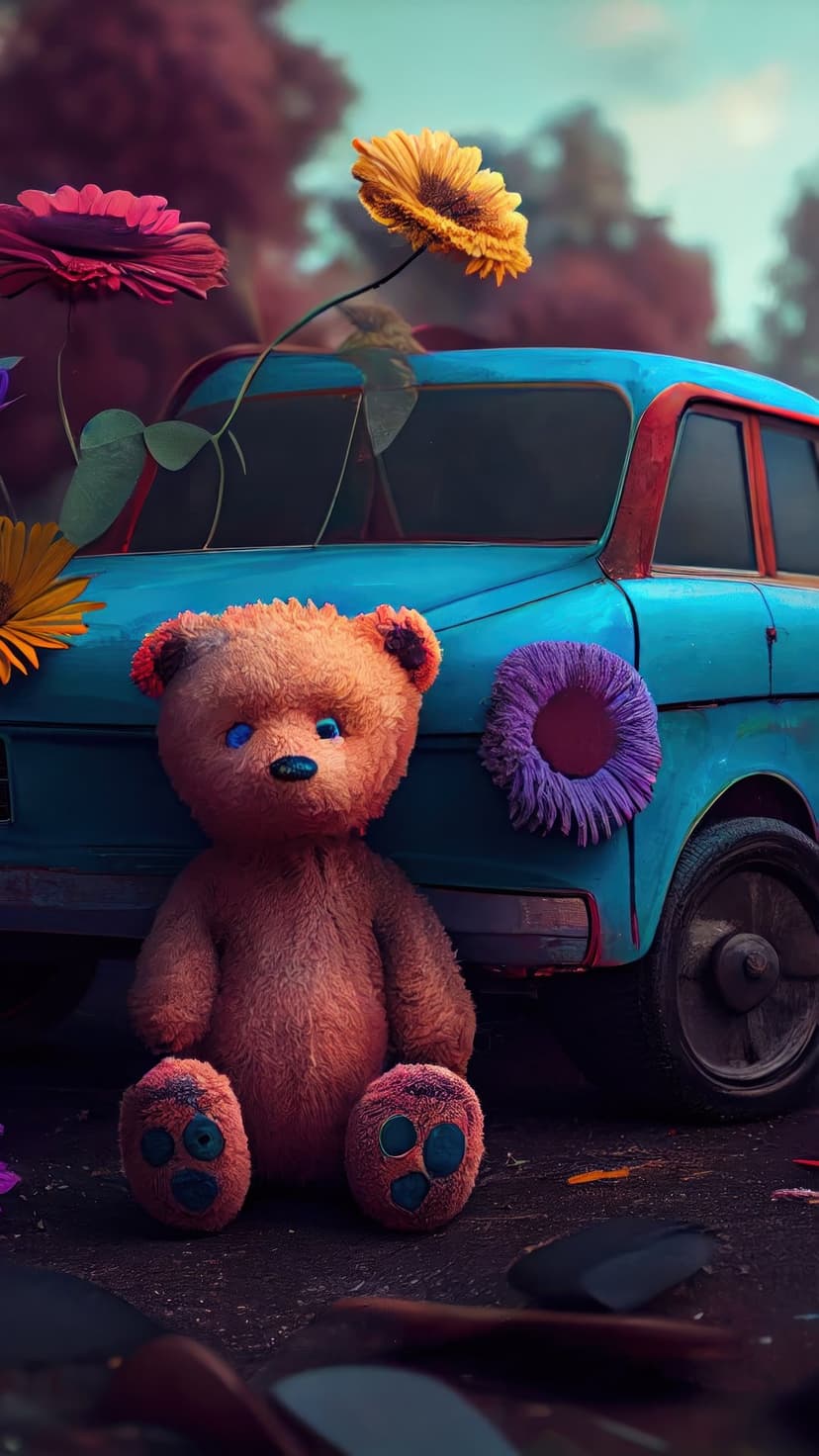 Brown teddy bear sits beside a blue vintage car in a lush garden filled with vibrant pink and yellow flowers.