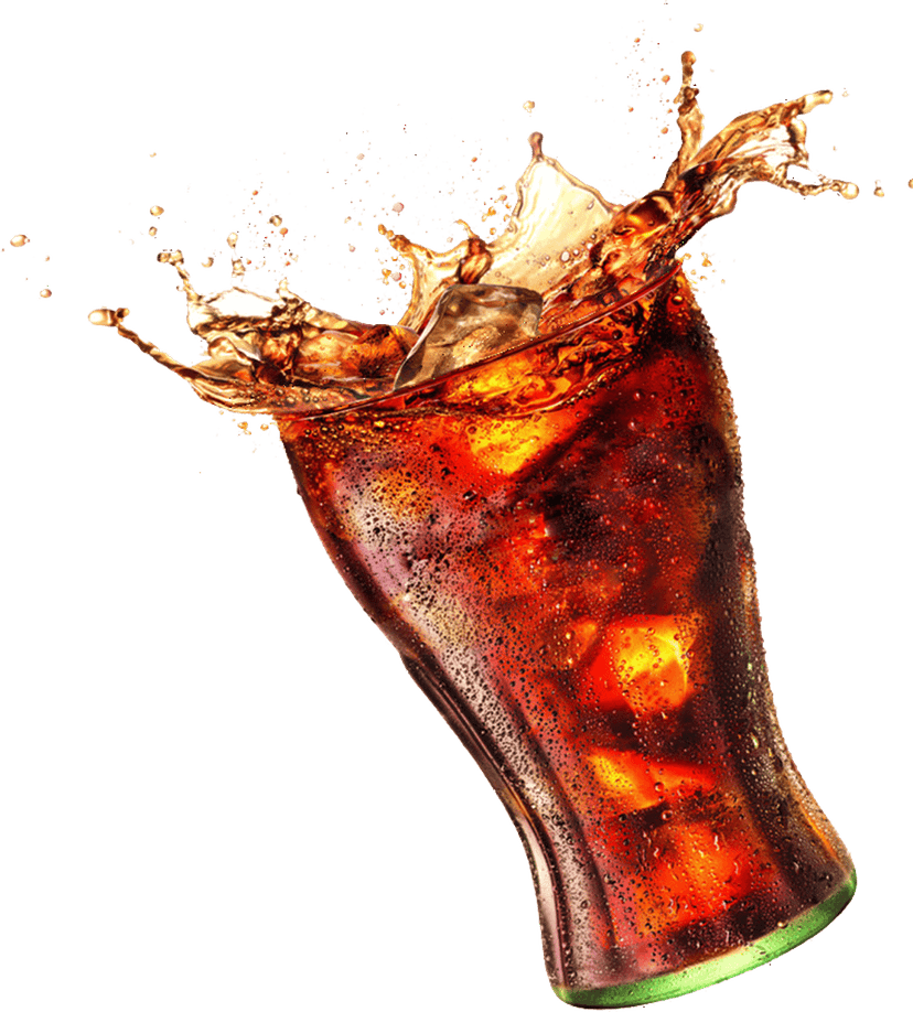 Coca-Cola soft drink in a glass with ice cubes alongside juice and a milkshake on a transparent background.