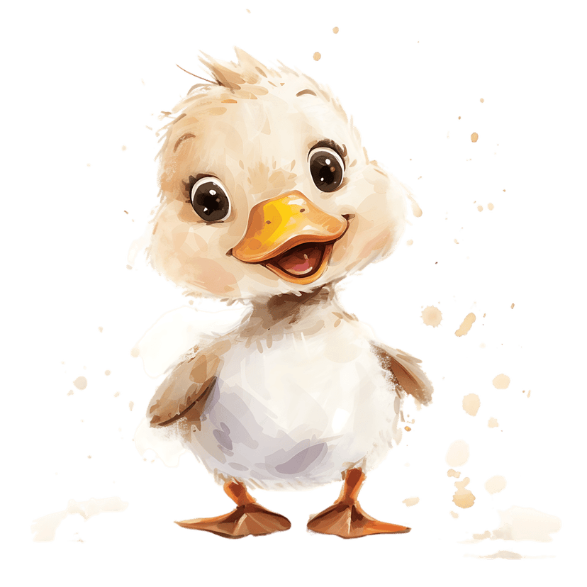 Watercolor duckling illustration featuring fluffy yellow feathers and an orange beak with white paint splatters.
