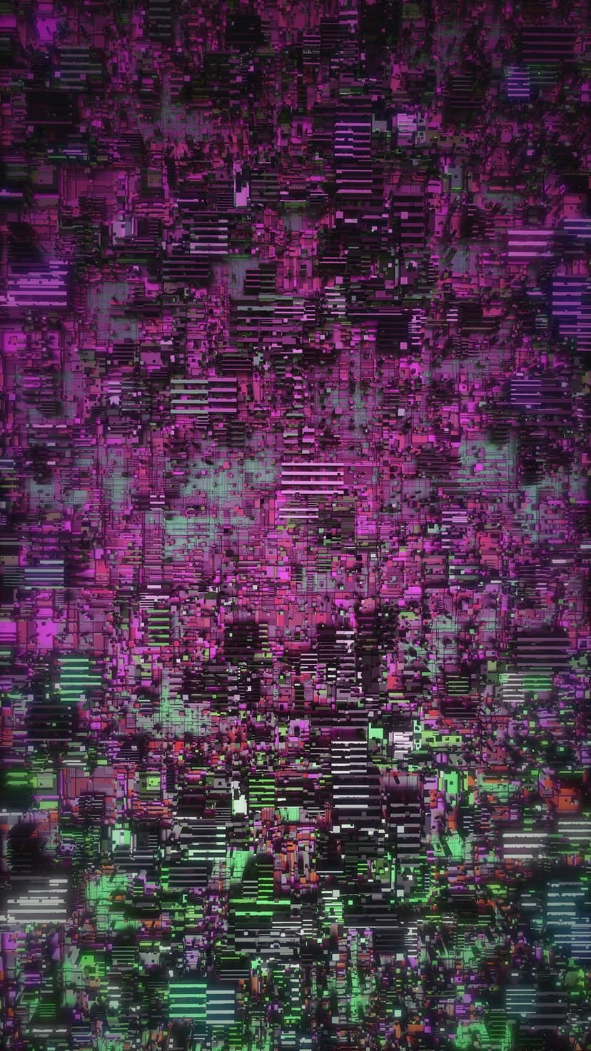 Neon pink and green skyscrapers distorted by horizontal glitch lines and geometric digital noise fragments.