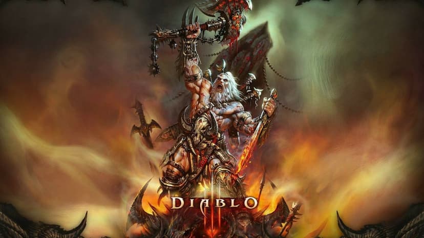 Muscular Barbarian warrior with white hair shouting while wielding a battle-axe and sword in a fiery landscape.