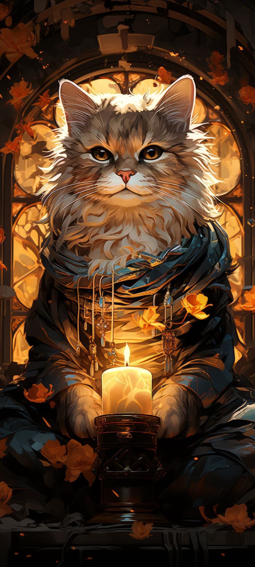 Fluffy cat meditating in dark robes with gold jewelry next to a glowing candle against stained glass windows.