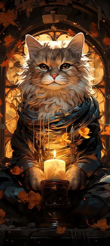 Mystical Cat Meditating with Candle