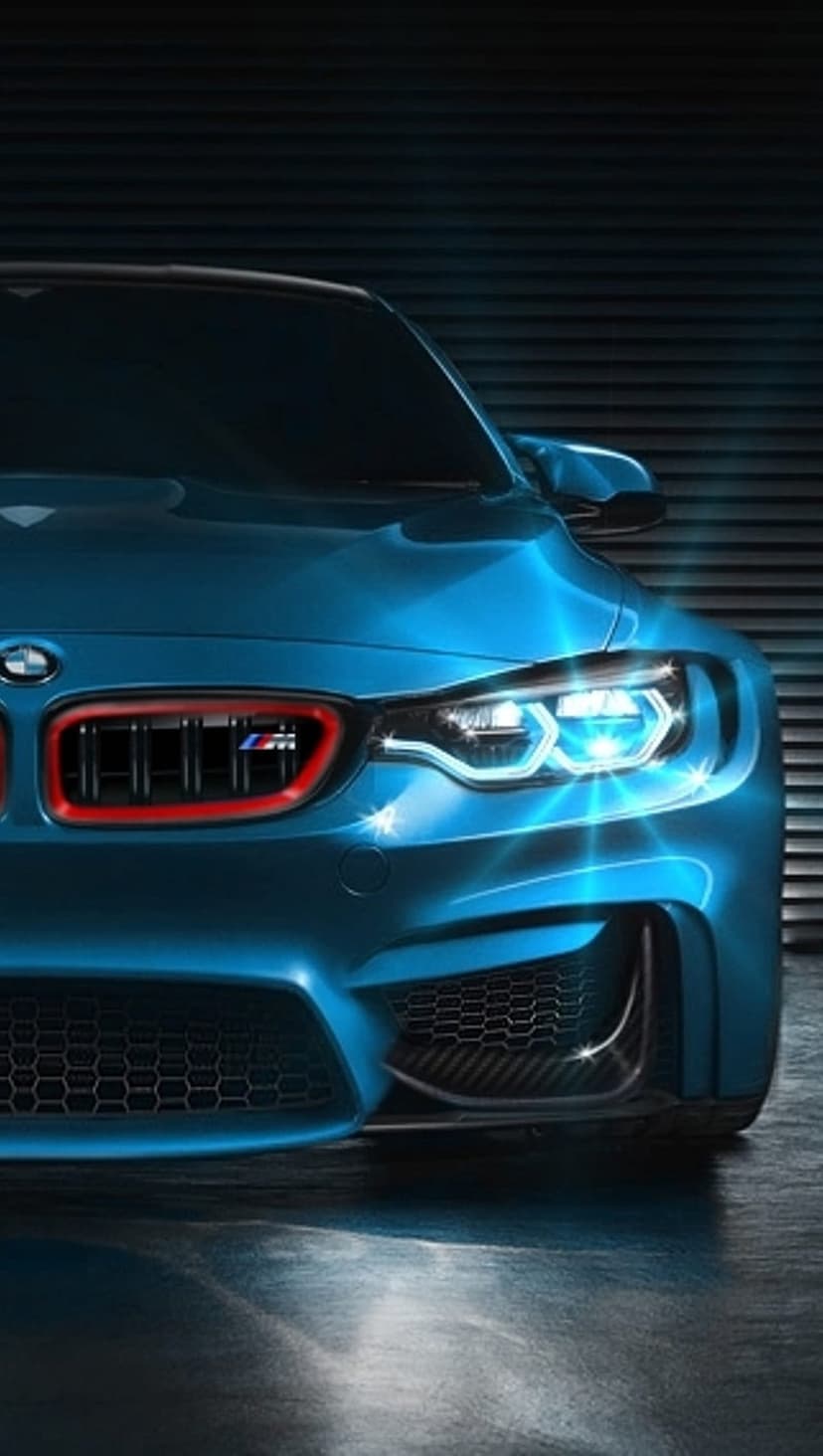 BMW M series car in vibrant blue features a red-accented kidney grille and glowing LED headlights on a dark base.