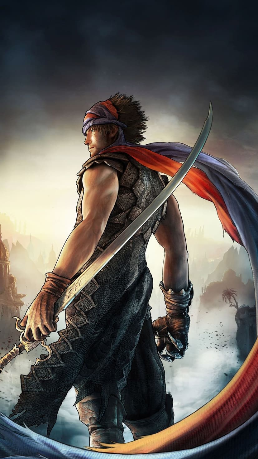 The Prince grips a scimitar as his red cape blows against a foggy backdrop of an ancient desert fortress.