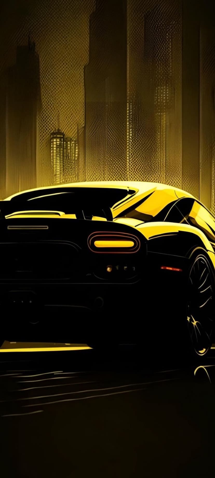 Yellow and black sports car with glowing taillights parked before towering skyscrapers during a golden sunset.