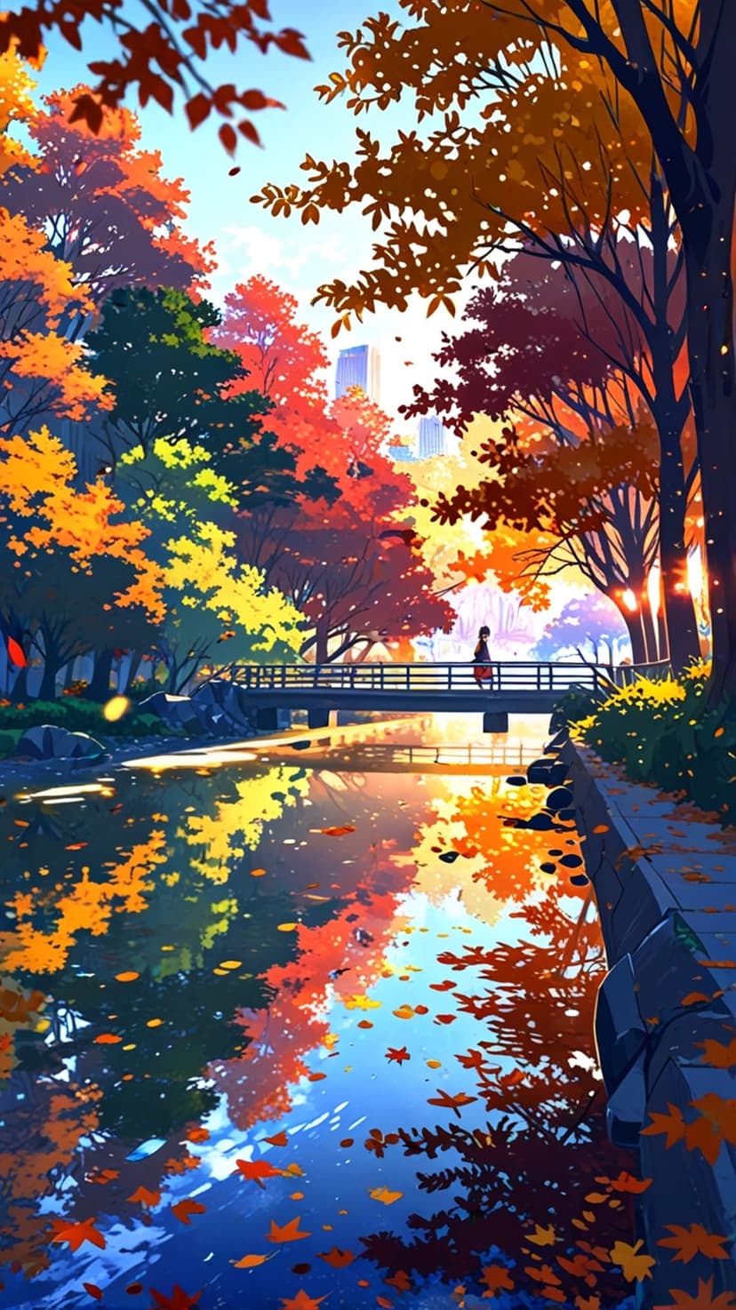 Lone figure crosses an arched bridge over a reflective river during peak autumn foliage in an anime landscape.