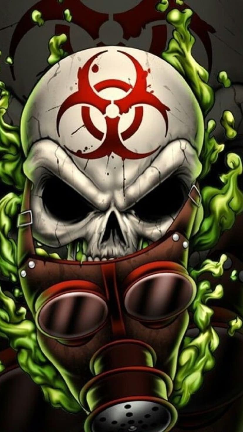 Cracked human skull wearing a gas mask as luminous green toxic smoke swirls around the filters in darkness.