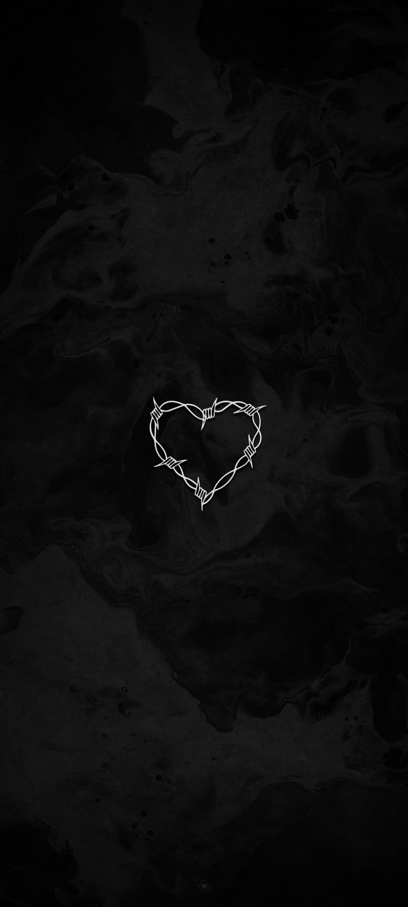 White barbed wire heart centered on a dark smoky background with sharp metallic thorns and swirling textures.