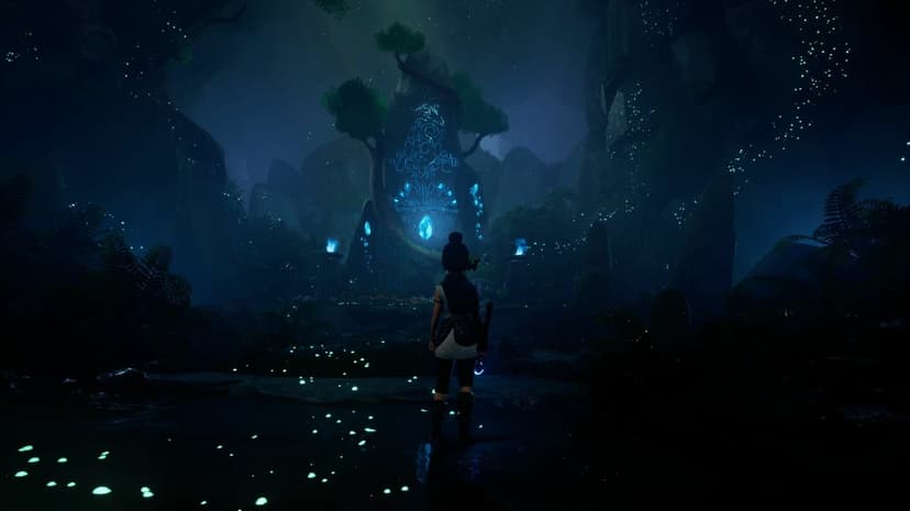 Girl standing before a glowing blue monolith in a dark mystical forest with floating bioluminescent spores.