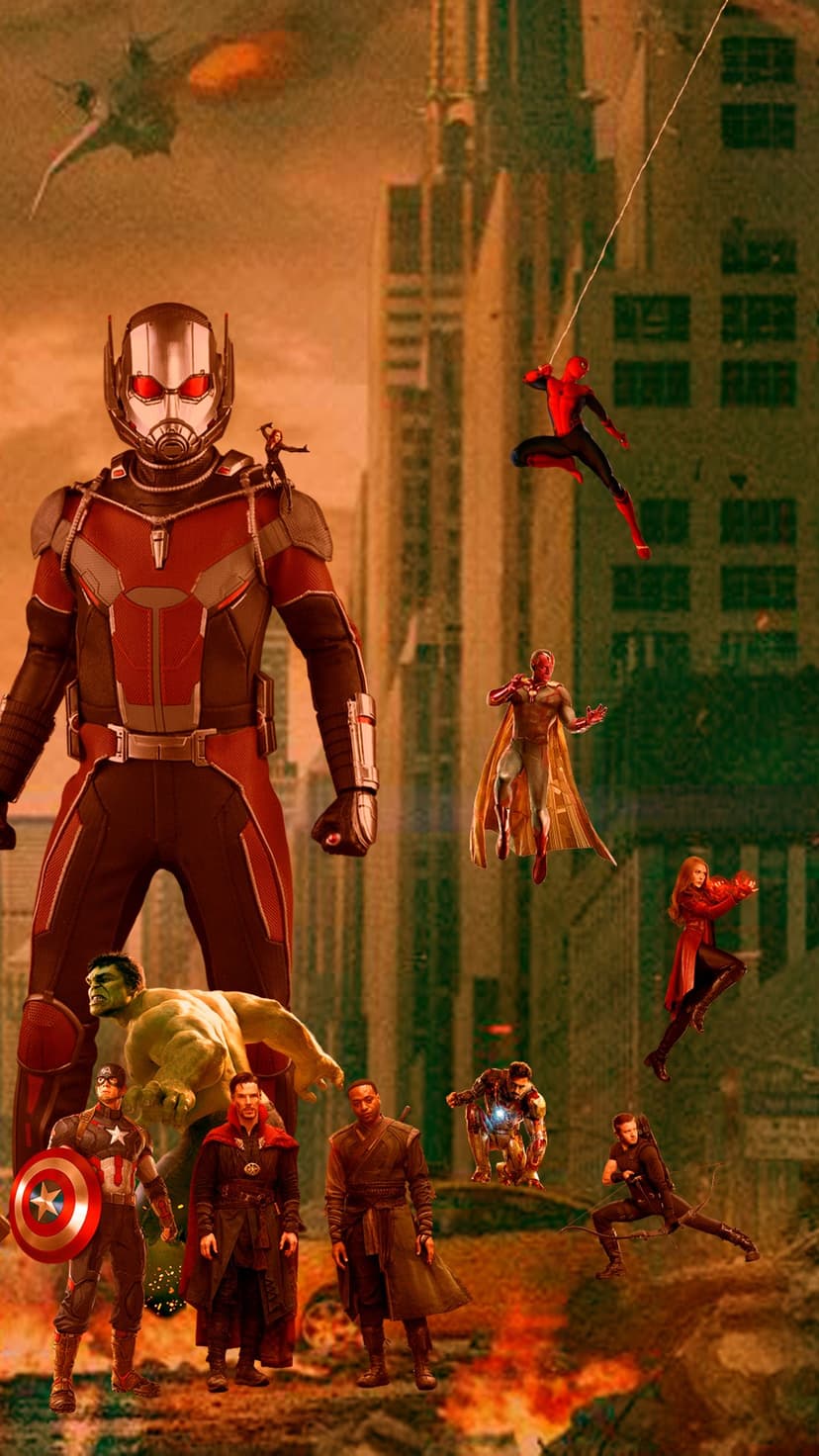 Giant Ant-Man stands among Avengers heroes in a ruined city under a glowing orange sky during an epic battle.