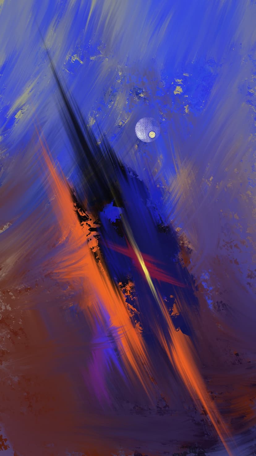 Dark jagged structure amidst fiery orange and electric blue nebula clouds under a faint glowing planetary moon.