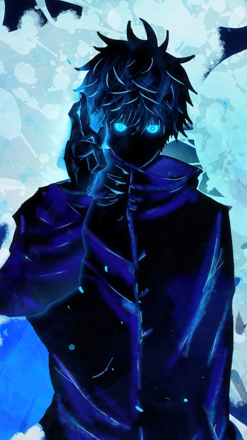 Satoru Gojo with glowing blue eyes raises a hand as azure energy swirls against a dark silhouetted background.