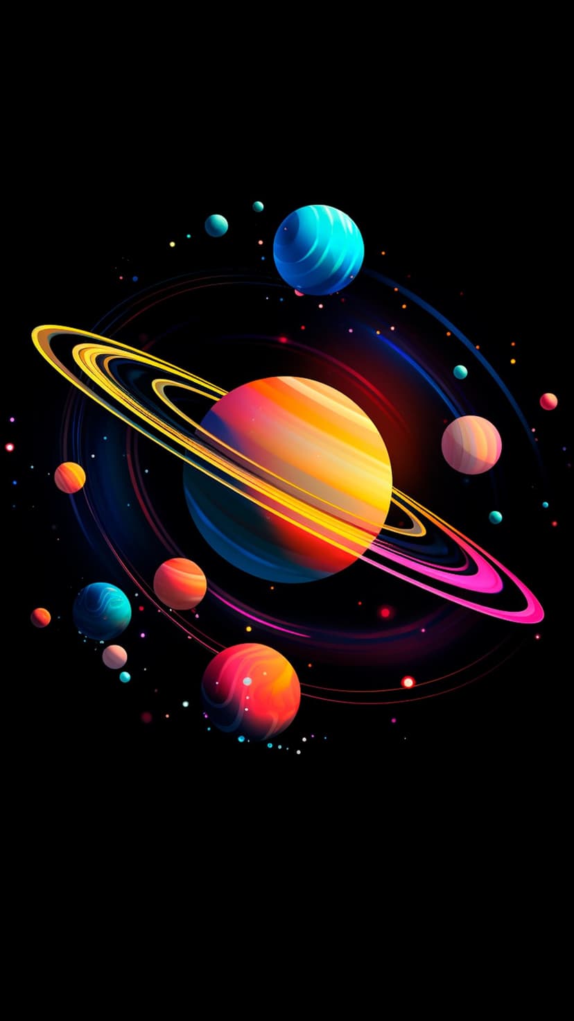 Swirling orange and blue planet with glowing rings surrounded by moons and nebulae against a black space void.