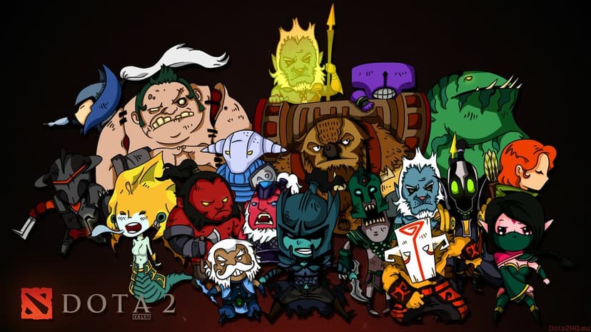Chibi Dota 2 heroes including Pudge and Sven gathered together in a dense group against a dark black background.
