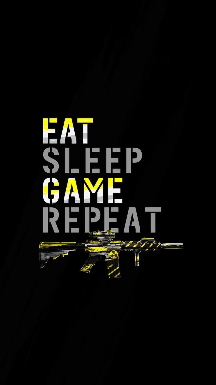 Modern assault rifle with yellow and black hazard patterns under bold Eat Sleep Game Repeat text.