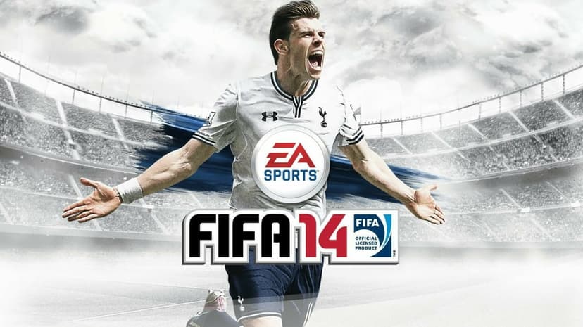 Gareth Bale in a white Tottenham Hotspur kit celebrating for the FIFA 14 cover in a bright, blurred stadium.