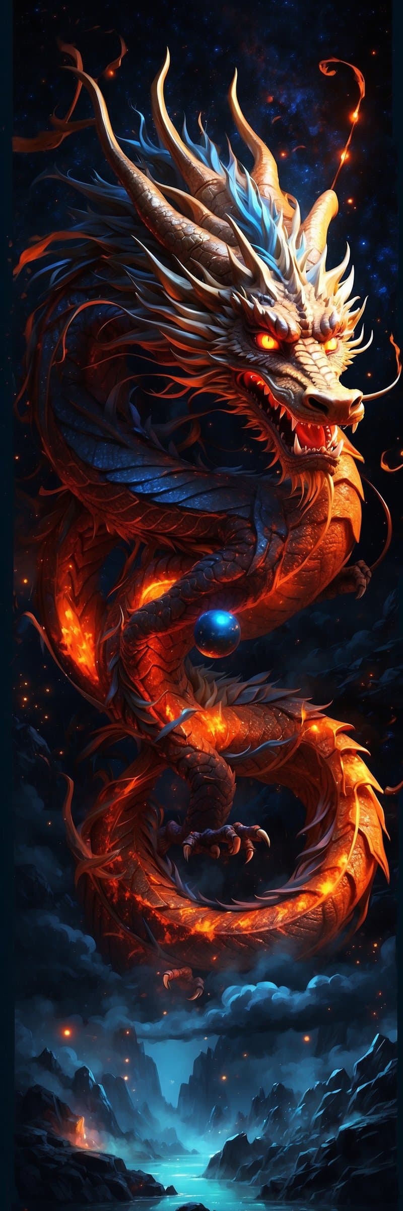 Fiery orange dragon coiled above a glowing blue river valley under a star-filled celestial sky with jagged peaks.