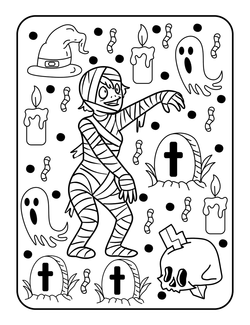 Halloween coloring page showing a mummy, floating ghosts, and a skull in a cemetery with candles and worms.