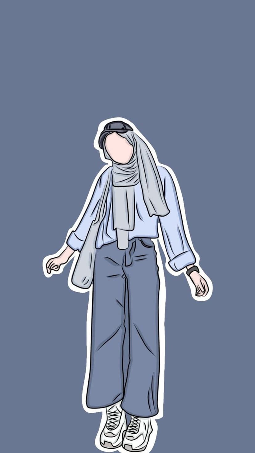 Fashionable woman in a blue hijab, dark cap, and wide-leg pants carrying a grey tote bag against a blue backdrop.