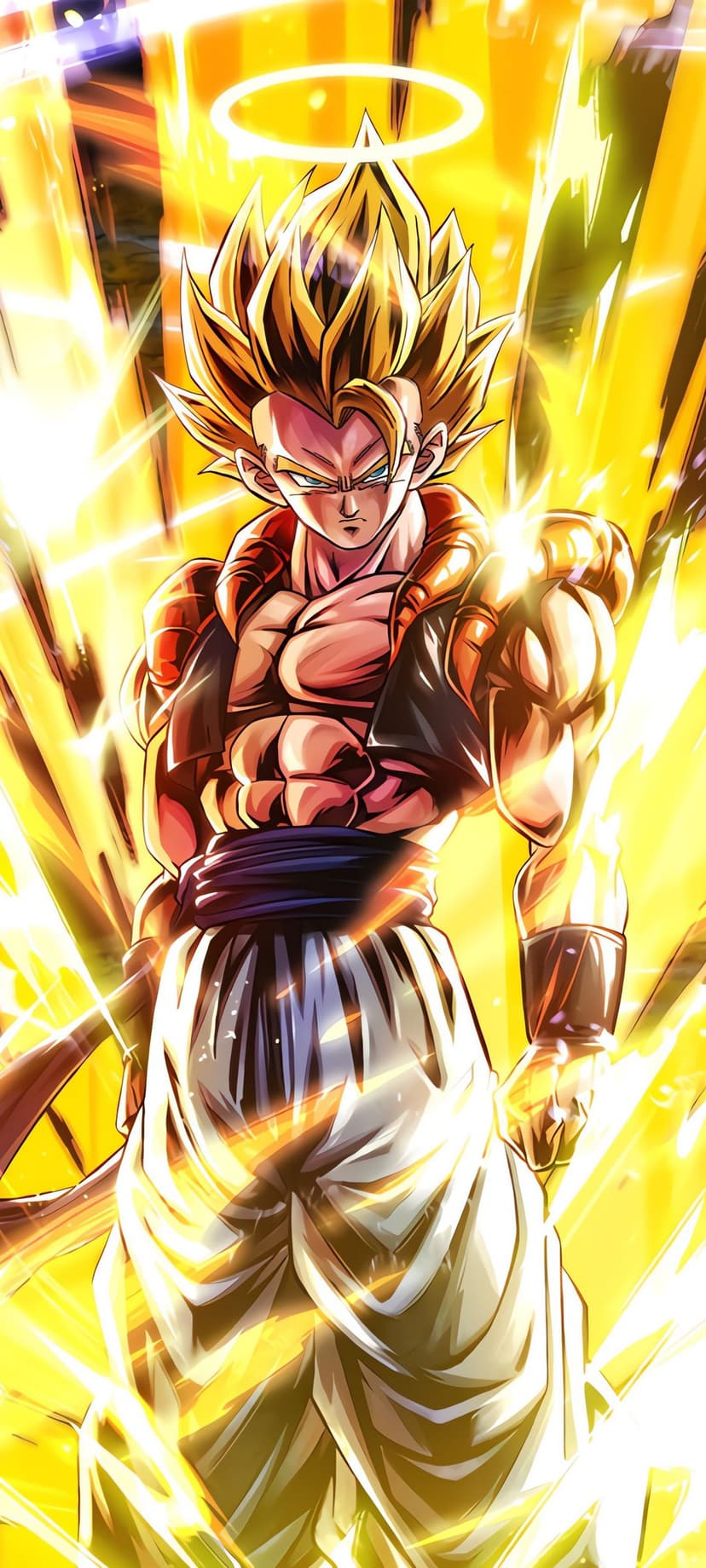 Gogeta with blue hair and a black vest stands amid a jagged yellow energy aura with clenched fists and a stern gaze.
