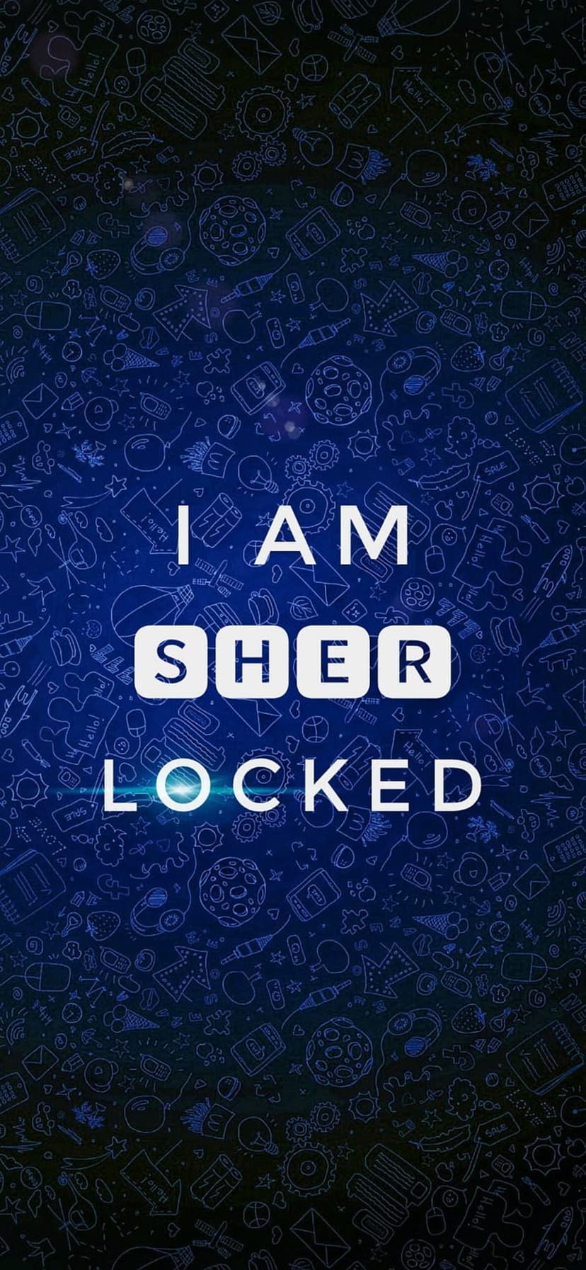 I AM SHER LOCKED text centers a dark blue background filled with white hand-drawn detective symbols and doodles.